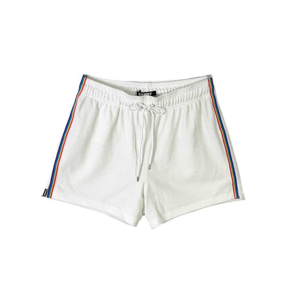 NWOT SAMMY Shorts Men XL White Rainbow Stripes Pull On Terry-Lining Pockets USA
